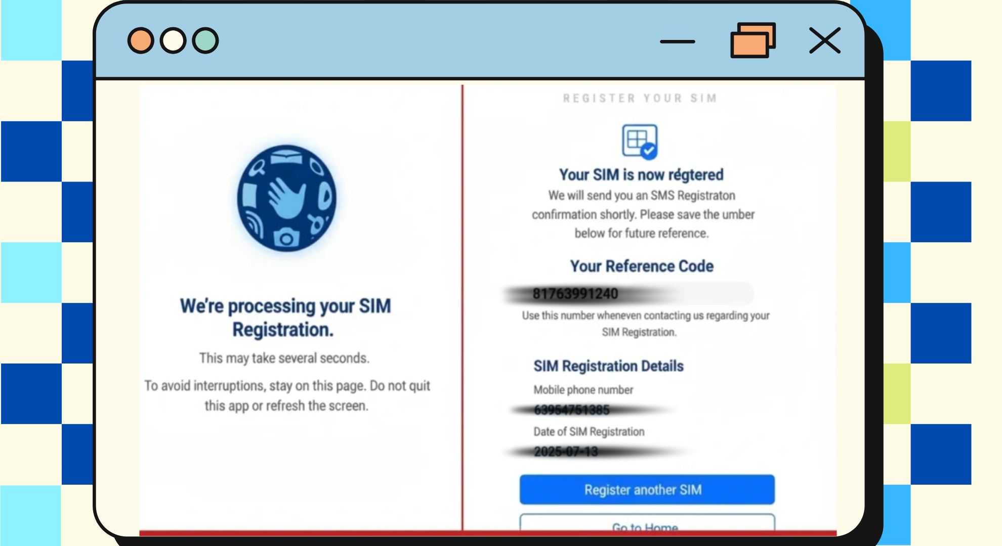 GlobeOne app confirmation screen showing successful TM SIM registration with reference number