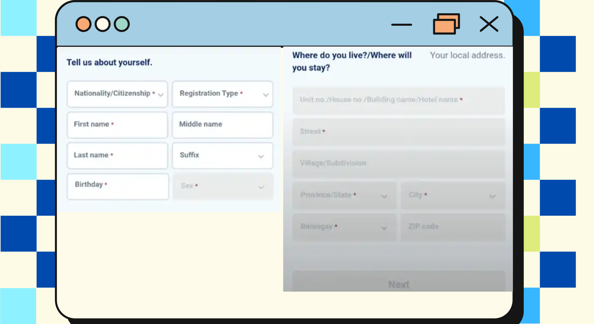 Personal details form in the GlobeOne app for entering name, address, and birthdate during registration