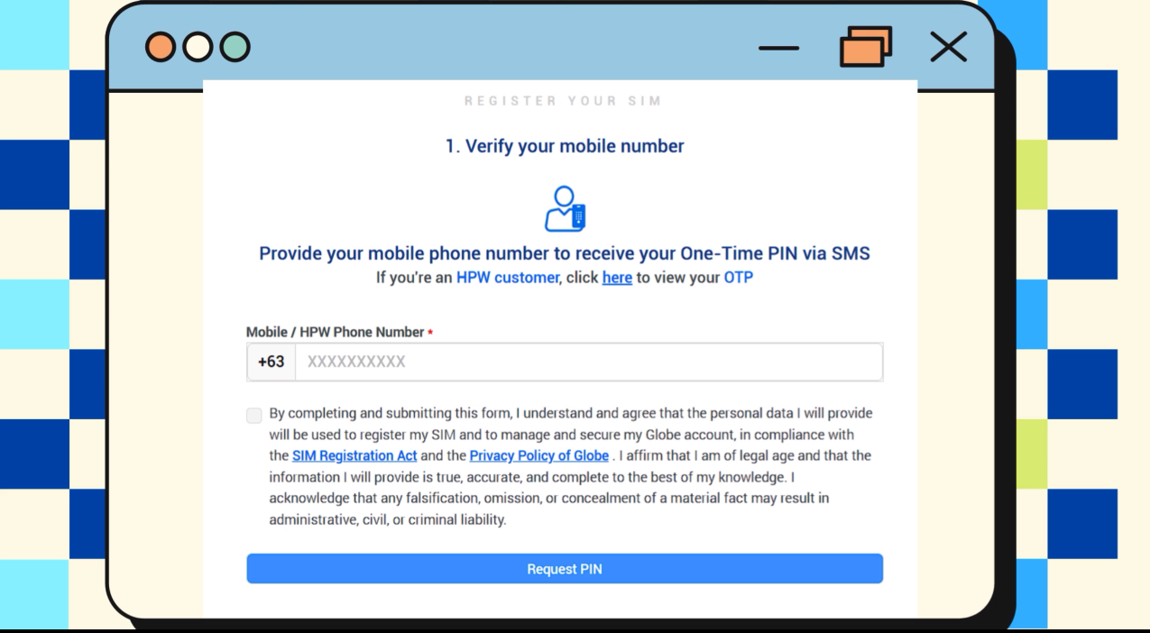 TM SIM registration portal screen showing the mobile number input field where users enter their 09 number