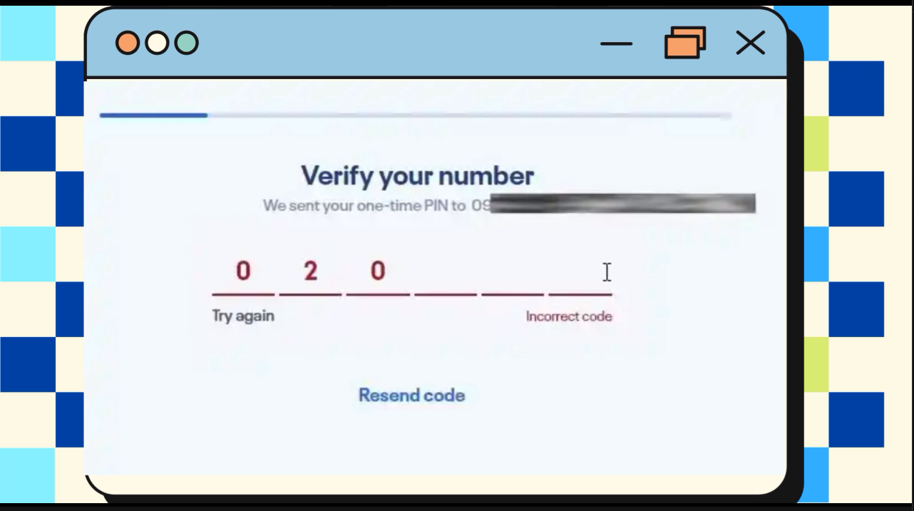 OTP verification screen during TM SIM registration showing the one-time password input field sent via SMS