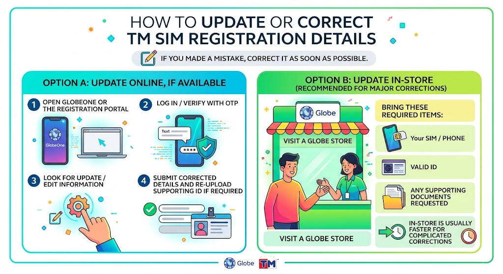 Guide showing options to update or correct TM SIM registration details through the portal or at a Globe Store