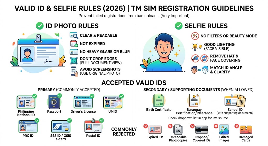 Valid ID photo and selfie requirements for TM SIM registration showing proper lighting, angle, and acceptable document examples